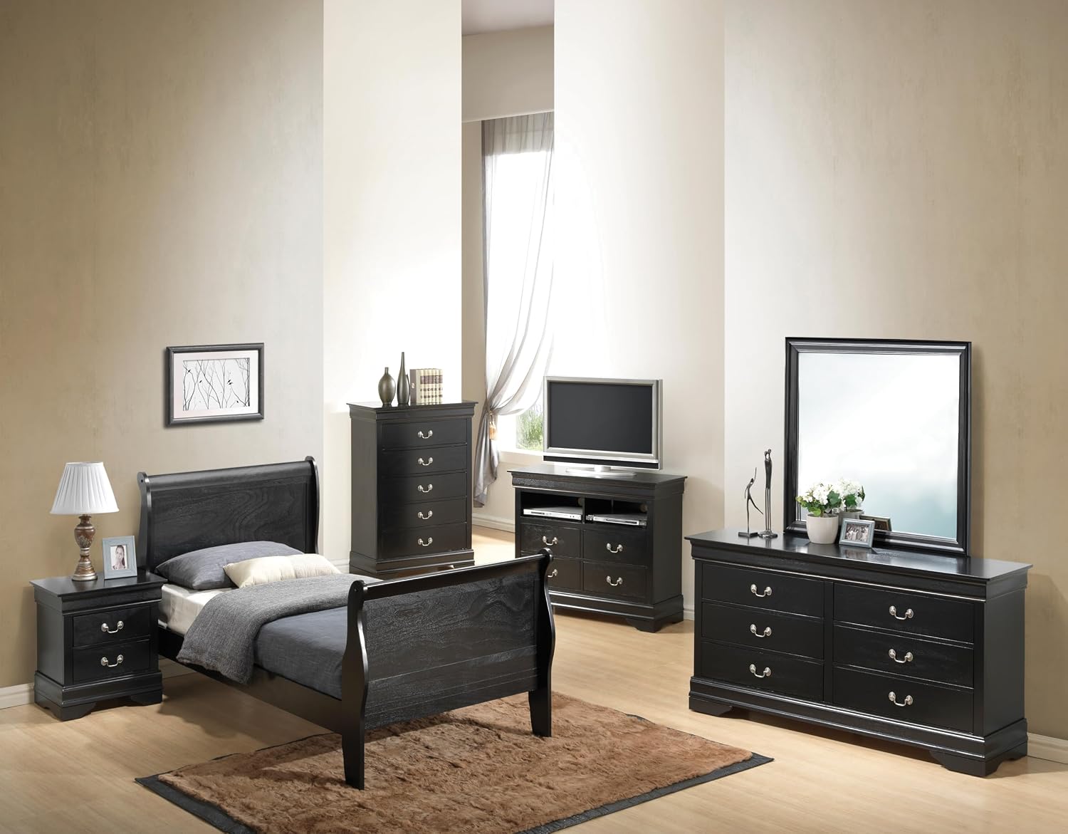 GDFStudio Twin Size Wood Platform Bed Frame, Classic Sleigh Design with Curved Trim & Wood Posts,Easy Assembly, Box Spring Required,Timeless Elegant Bedroom Furniture,Black