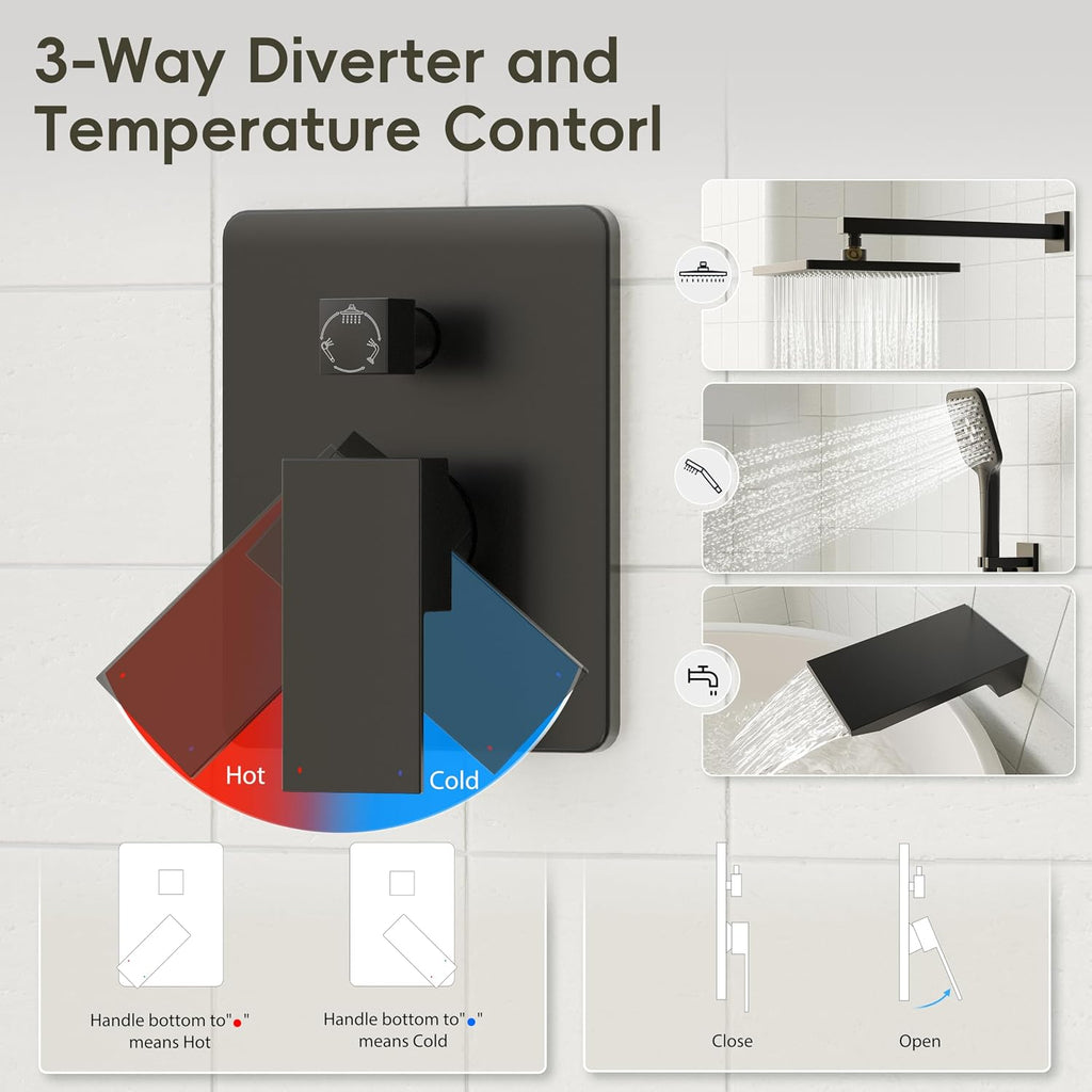 Gabrylly Shower System with Tub Spout, Wall Mounted Tub Shower Faucet Set for Bathroom with High Pressure 10' Rain Shower head and 3-Setting Handheld Shower Head Set,Matte Black