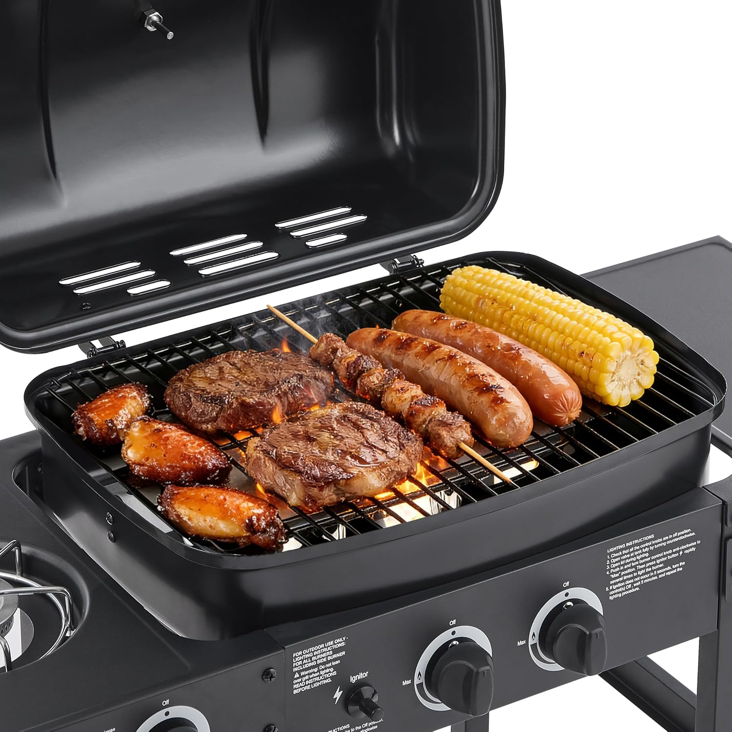 2 Burner Propane Gas Grill with Side Burner, 24000 BTU Stainless Steel Portable Bbq Grills, 237 Sq.In Cooking Area, Enameled Grates, Side Tables, Portable Freestanding for Patio Backyard Cooking