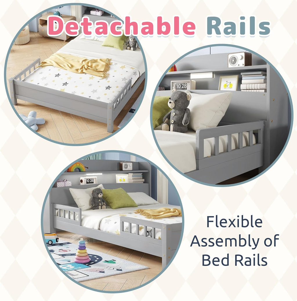 Full Size Kids Bed Frame with Storage Headboard & Motion Sensor LED Light, Wood Low Platform Bed with Detachable Guardrails, Full Bed Frame for Kids Boys Girls, No Box Spring Needed, Grey