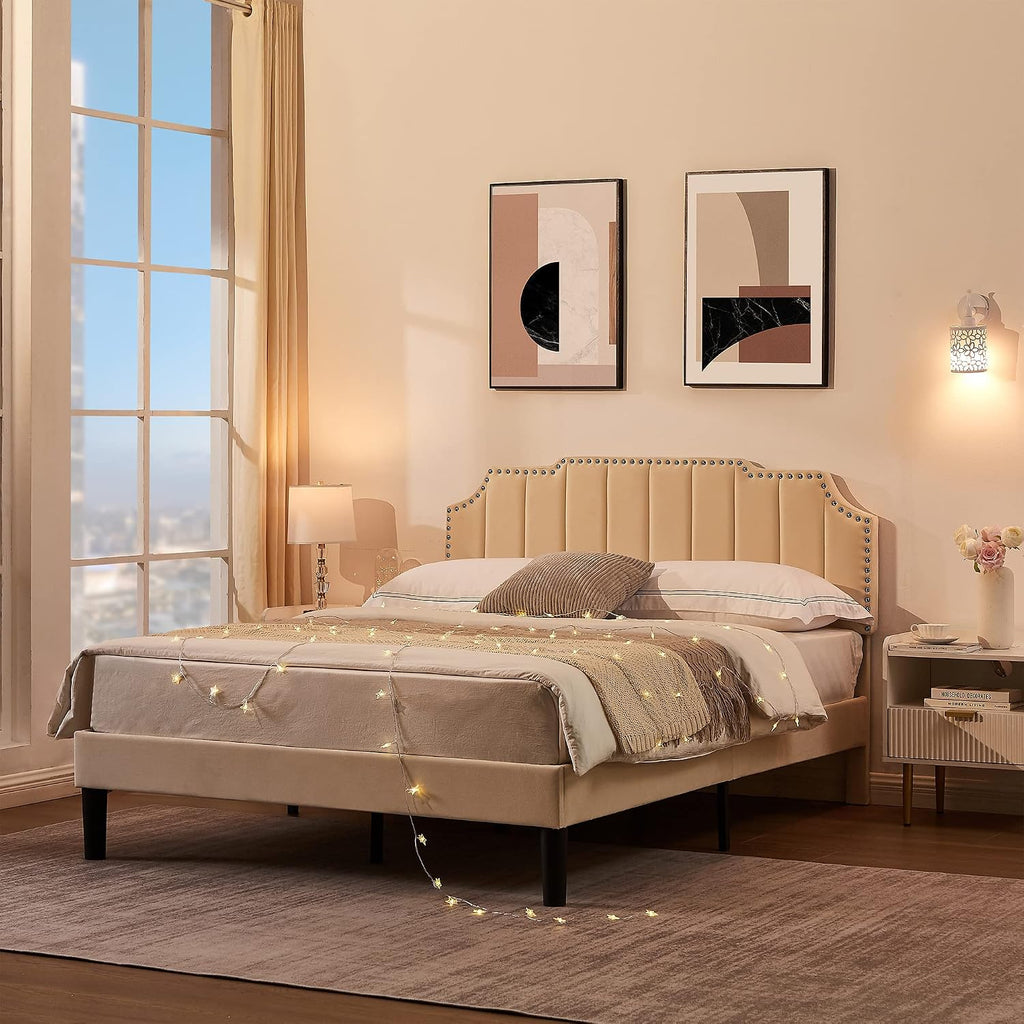 VECELO Upholstered Platform Full Bed Frame with Tufted Adjustable Headboard/Mattress Foundation/Wood Slat Support,Easy Assembly,Beige