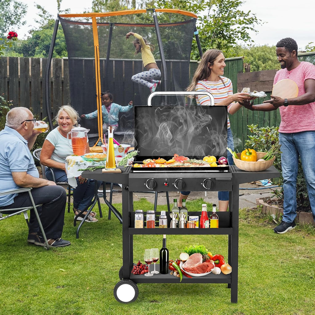 Rolling Flat Top Grill Propane Gas Griddle 3-Burner Propane Grill Griddle Station w/Side Shelve, Ceramic Coated Cast Iron Pan for Outdoor Cooking Barbecue Backyard Garden Party Picnic Hiking (Black)