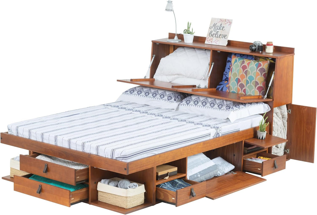 memomad Bali Set: Storage Platform Bed with Drawers + Bookcase Headboard (Full Size, Caramel Brown Wood)