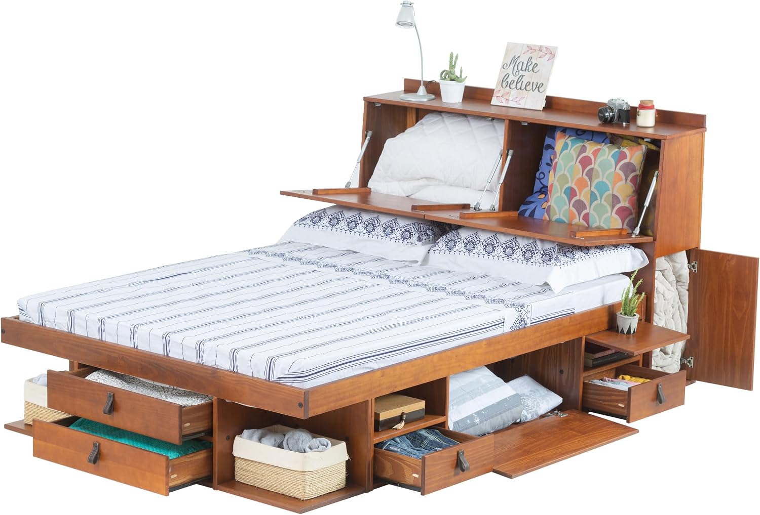 memomad Bali Set: Storage Platform Bed with Drawers + Bookcase Headboard (Full Size, Caramel Brown Wood)