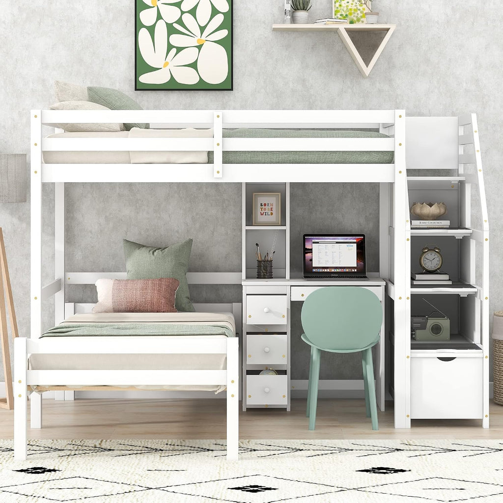 Harper & Bright Designs Twin Over Twin Bunk Bed with Desk, Heavy Duty Wood Loft Bedframe W/Shelves,Easy Assembly,Versatile Functional Bedroom Furniture Set for Boy Girl Teens,White