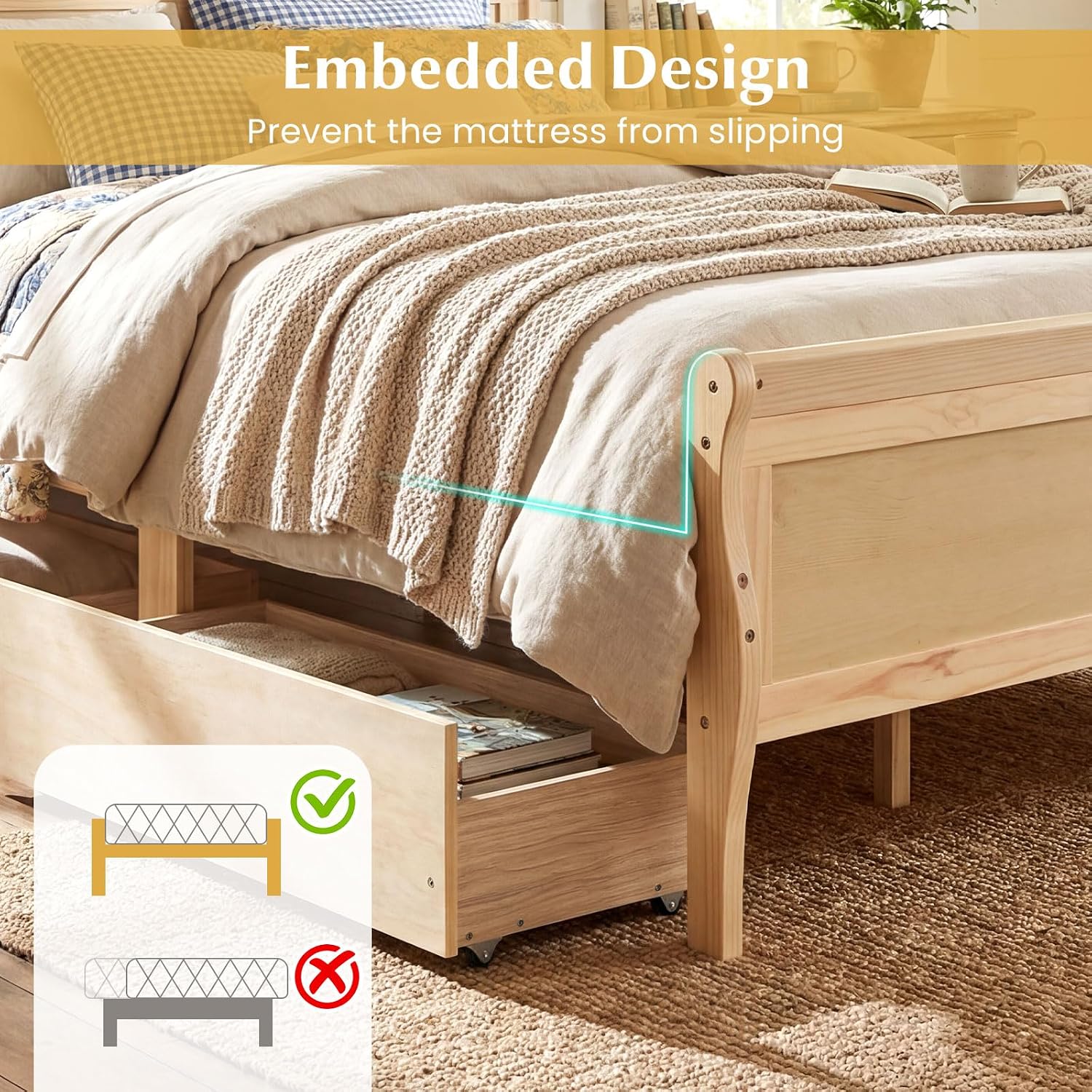 Giantex Queen Bed Frame with 2 Storage Drawers, Wood Platform Bed w/Headboard & Footboard, Wooden Slats Support Mattress Foundation, Sleigh Bedframe for Teens Adults, No Box Spring Needed (Natural)
