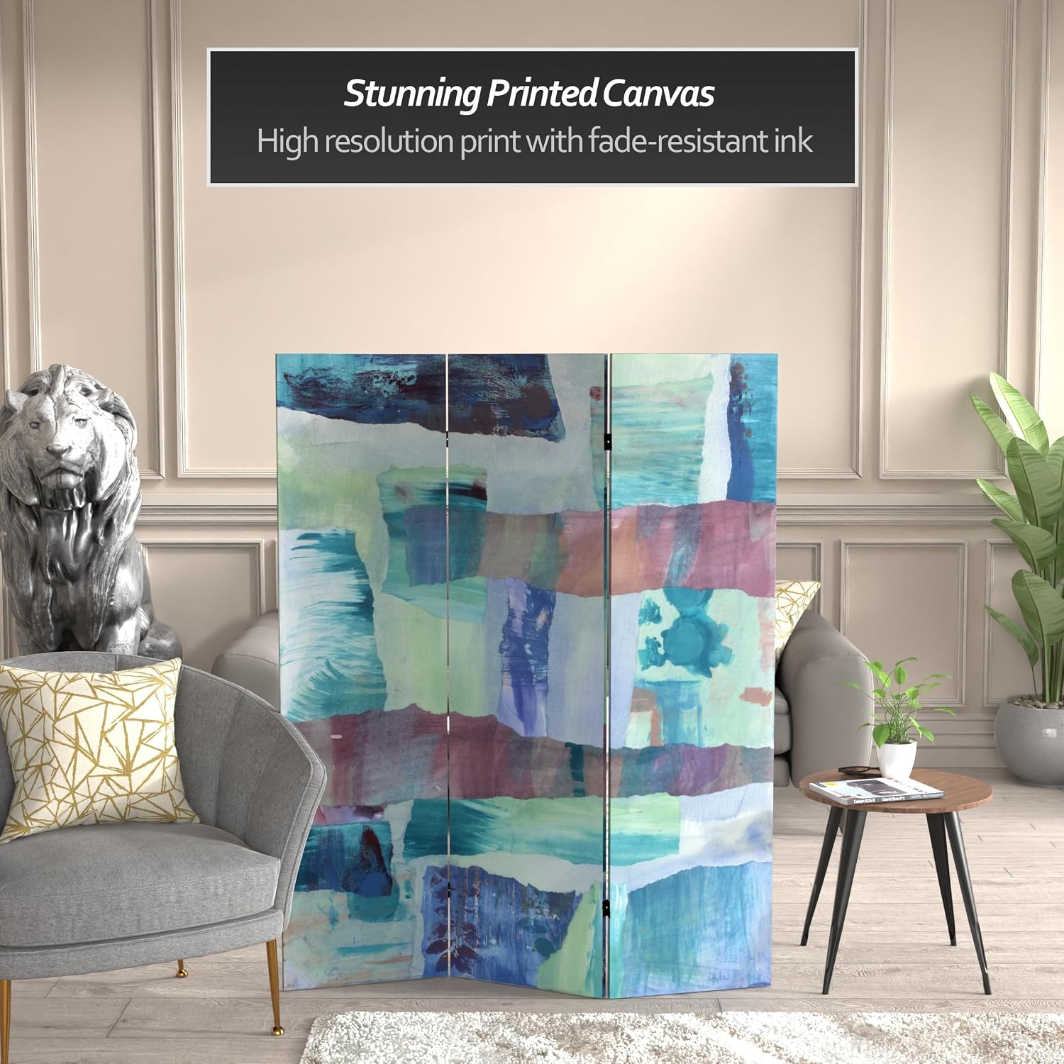 Red Lantern 5 ft. Tall Ocean Dance Canvas Room Divider 3 Panel Freestanding Folding Privacy Screen, Partition, and Separator for Modern and Contemporary Bedroom, Home Office, Studio, Dorm, Apartment