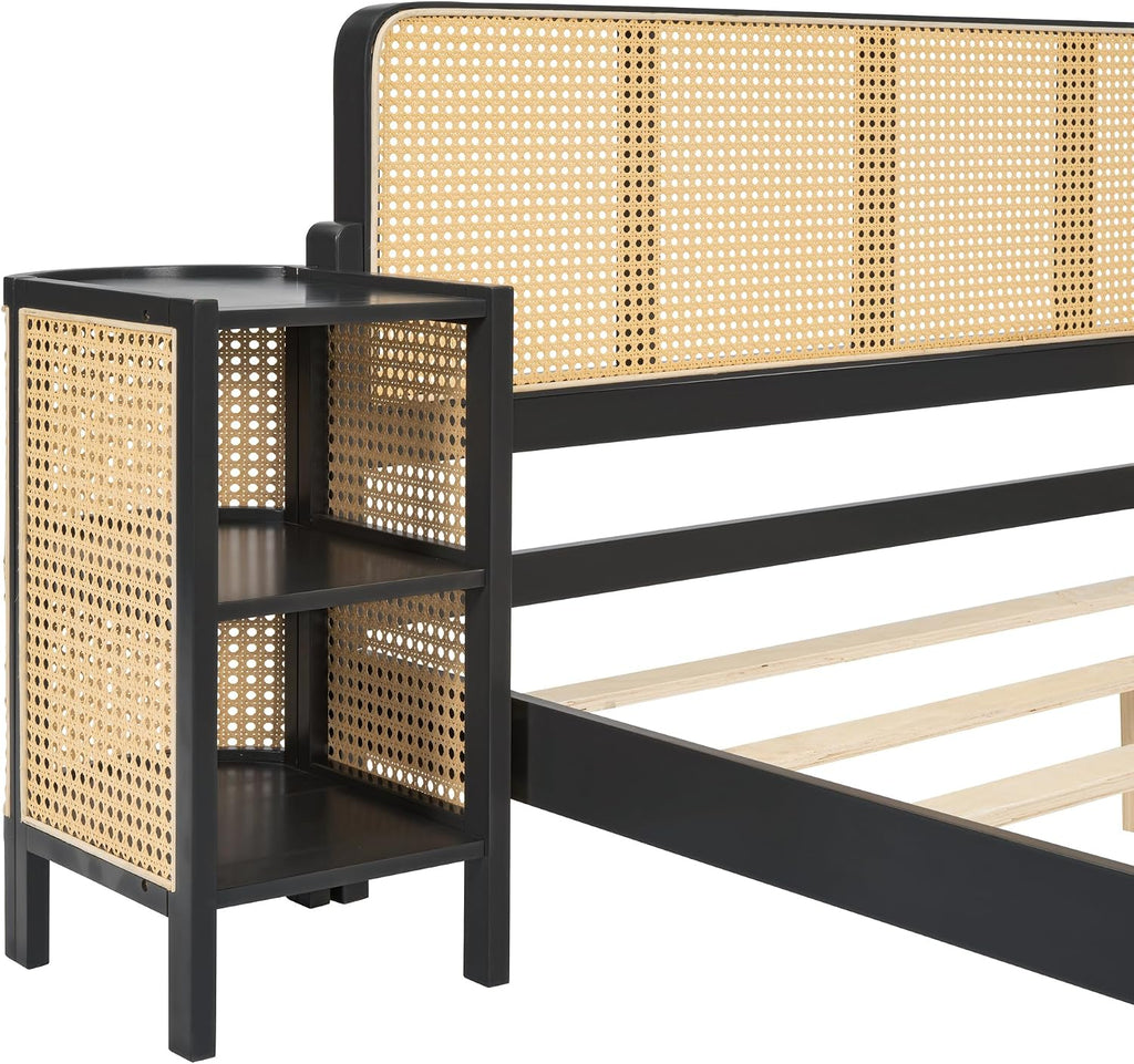 3-Pieces Bedroom Furniture Sets,Full Size Rattan Platform Bed with 2 Nightstands, Perfect for Teens Adults (Espresso/Rattan, Full)