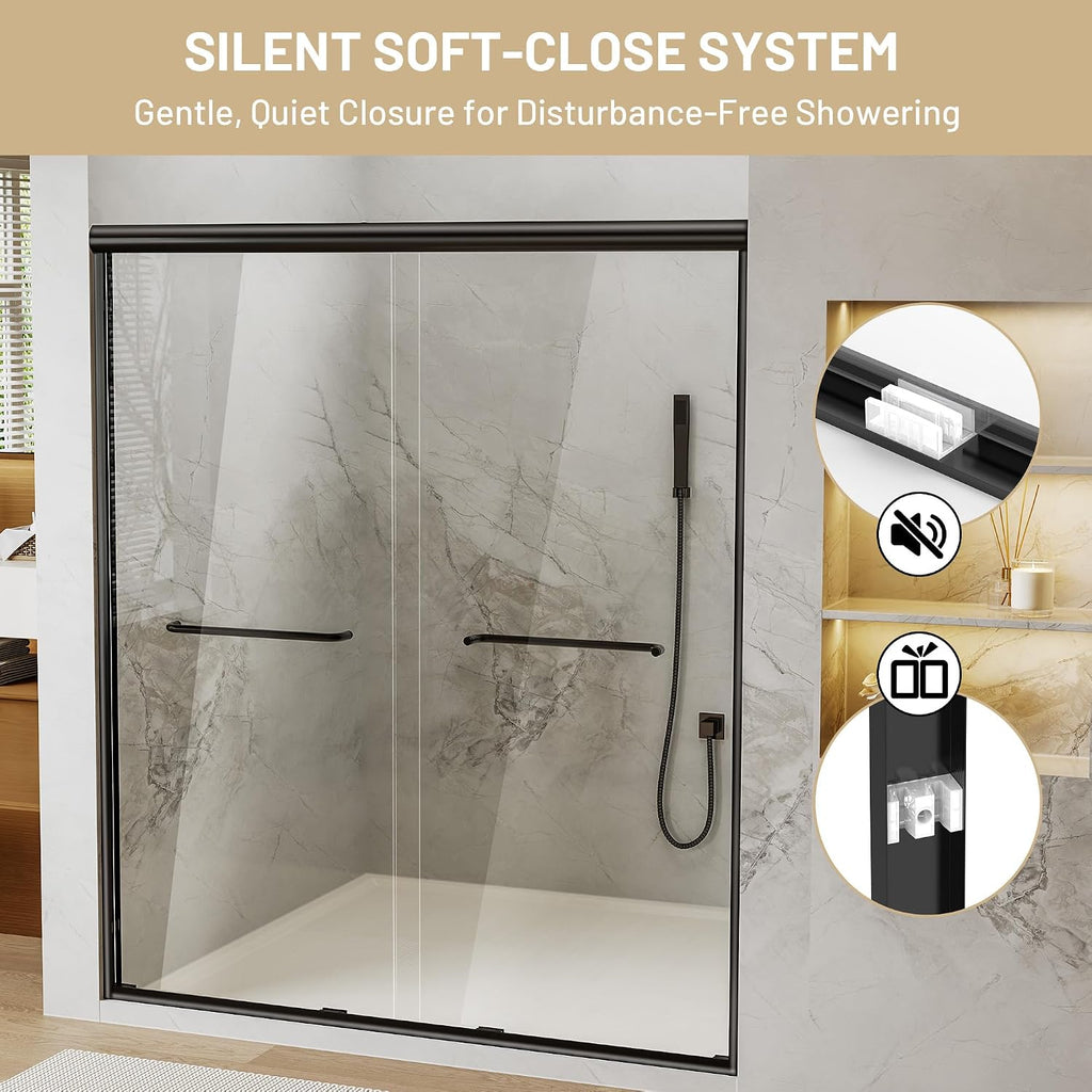 Findepot 56-60' W x 70' H Double Sliding Shower Door, Semi-Frameless Shower Door with 1/4'(6mm) Clear Tempered Glass, Silent Soft-Close Door for Walk-in Shower, Matt Black