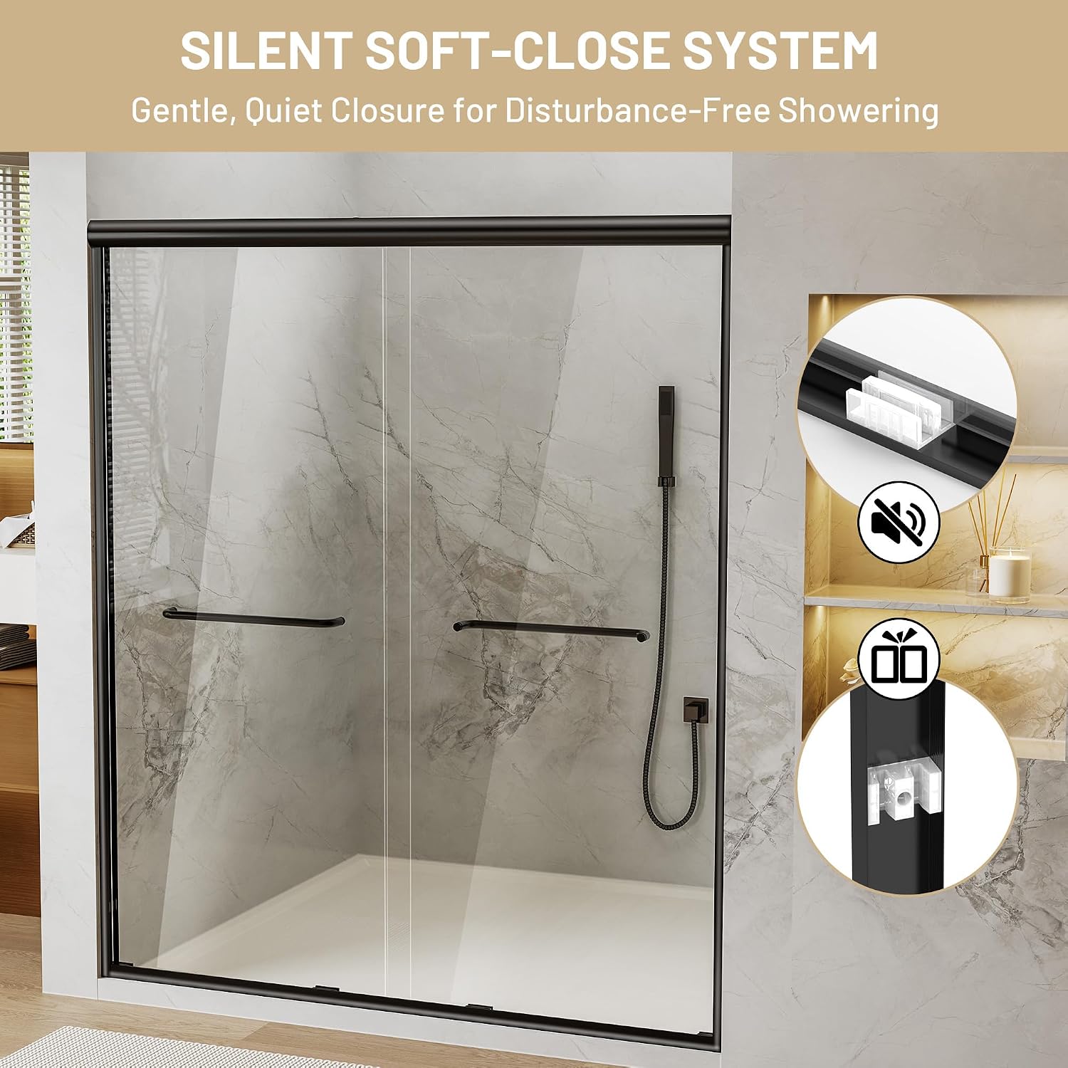 Findepot 50-54' W x 70' H Double Sliding Shower Door, Semi-Frameless Shower Door with 1/4'(6mm) Clear Tempered Glass, Silent Soft-Close Door for Walk-in Shower, Matt Black