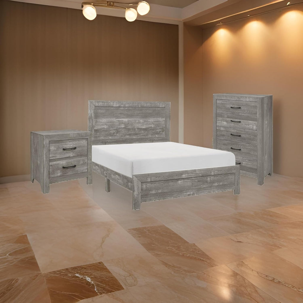 Benzara EB Three Piece Full Size Bedroom Set- Farmhouse Style- Gray- Black