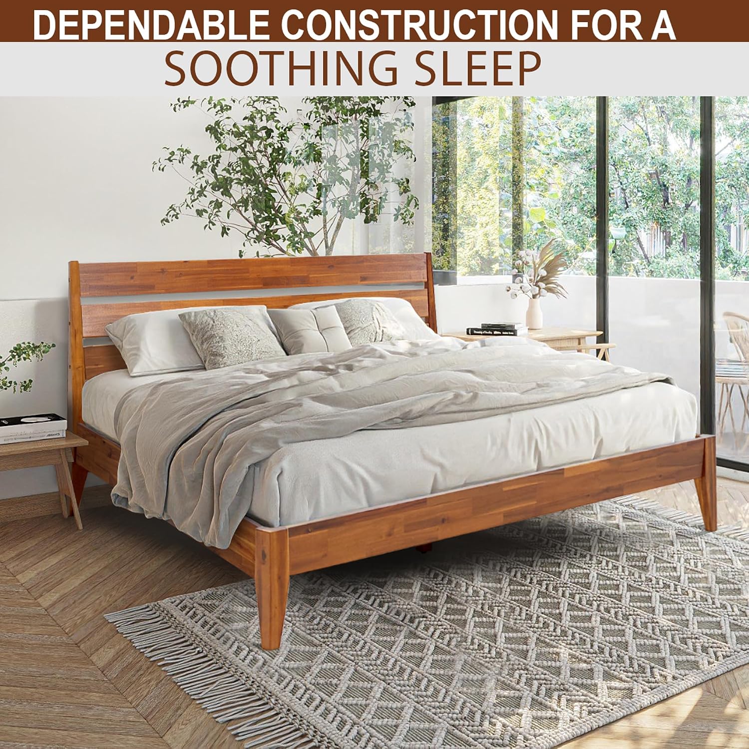 Acacia Emery Bed Frame with Headboard Solid Wood Platform Bed, Queen Size Bed Frame, Mid - Century Modern Wood Bed Compatible with All Mattresses, Easy Assembly, Non-Slip, Caramel.