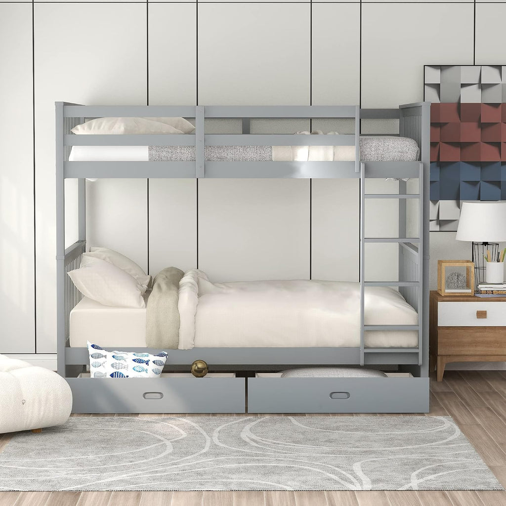 Harper & Bright Designs Twin-Over-Twin Bunk Bed with Two Storage Drawers, Solid Wood Twin Size Bunk Bed with Guardrial and Removble Ladder, Can be Converted Into 2 Separate Beds, Grey