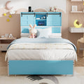 Twin Size Bed Frame, Storage Headboard with Drawers, 3-in-1 Charging Hub & Nightstand, Strong Metal Slats, No Box Spring Required (Blue White, Twin)