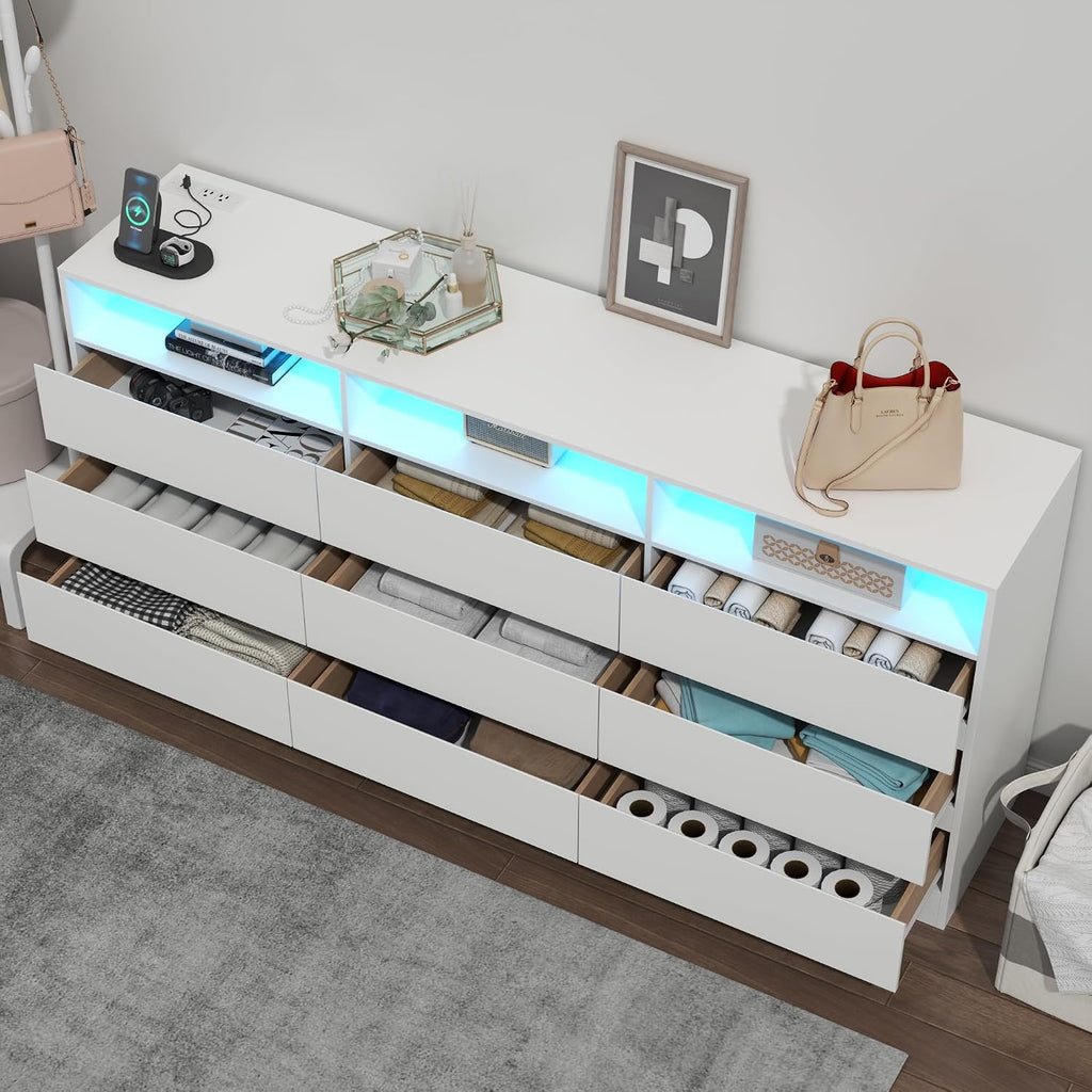 Gyfimoie 9 Drawer Double Dresser with Power Outlet, Accent Chests of Drawers with LED Light, Modern White Storage Dresser with Charging Station (Mirror Not Included) (9 Drawers-White)