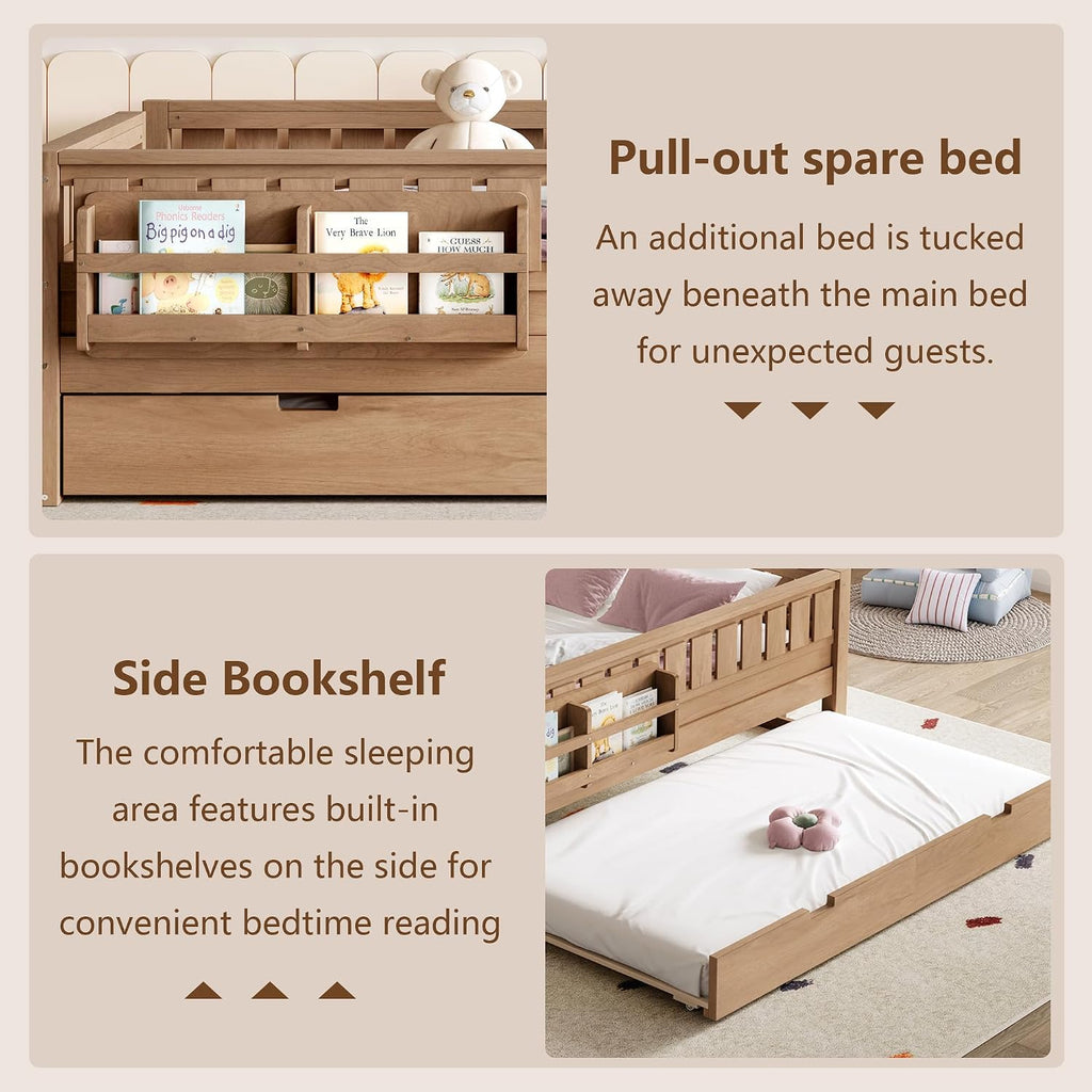 Bellemave Full Bed with Trundle and Stairs, Full Size Platform Bed Frame with Fence and Bookshelf, Easy Assemble Beds for Kids, Girls, Boys, Natural