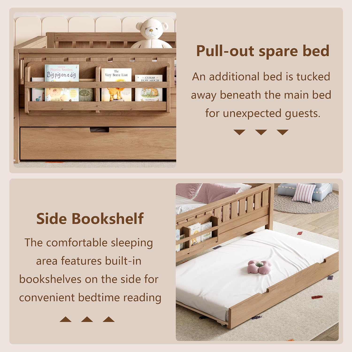 Bellemave Full Bed with Trundle and Stairs, Full Size Platform Bed Frame with Fence and Bookshelf, Easy Assemble Beds for Kids, Girls, Boys, Natural