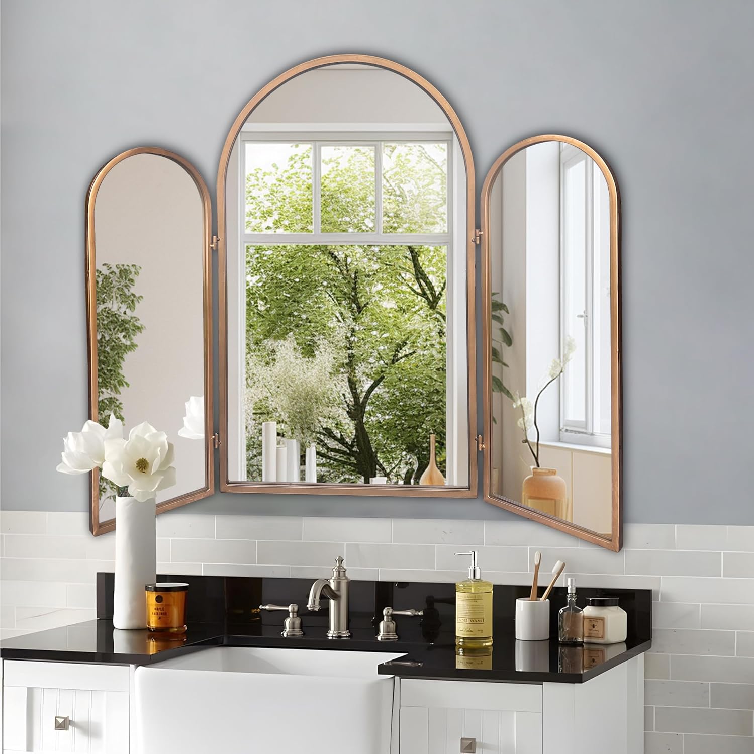 BAODANFU 3 Way Mirror Bathroom, Trifold Vanity Mirrors for Bathroom Bedroom, Large Arch Mirrors Decorative Vintage Gold, Adjustable Makeup Mirror for Braiding Hair 360° Way Tabletop & Wall Mounted