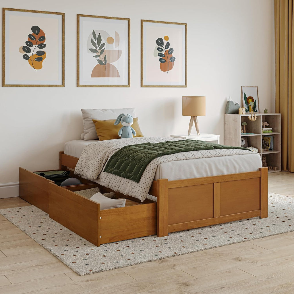 AFI Concord Twin Solid Wood Platform Bed with Footboard & Storage Drawers in Light Toffee