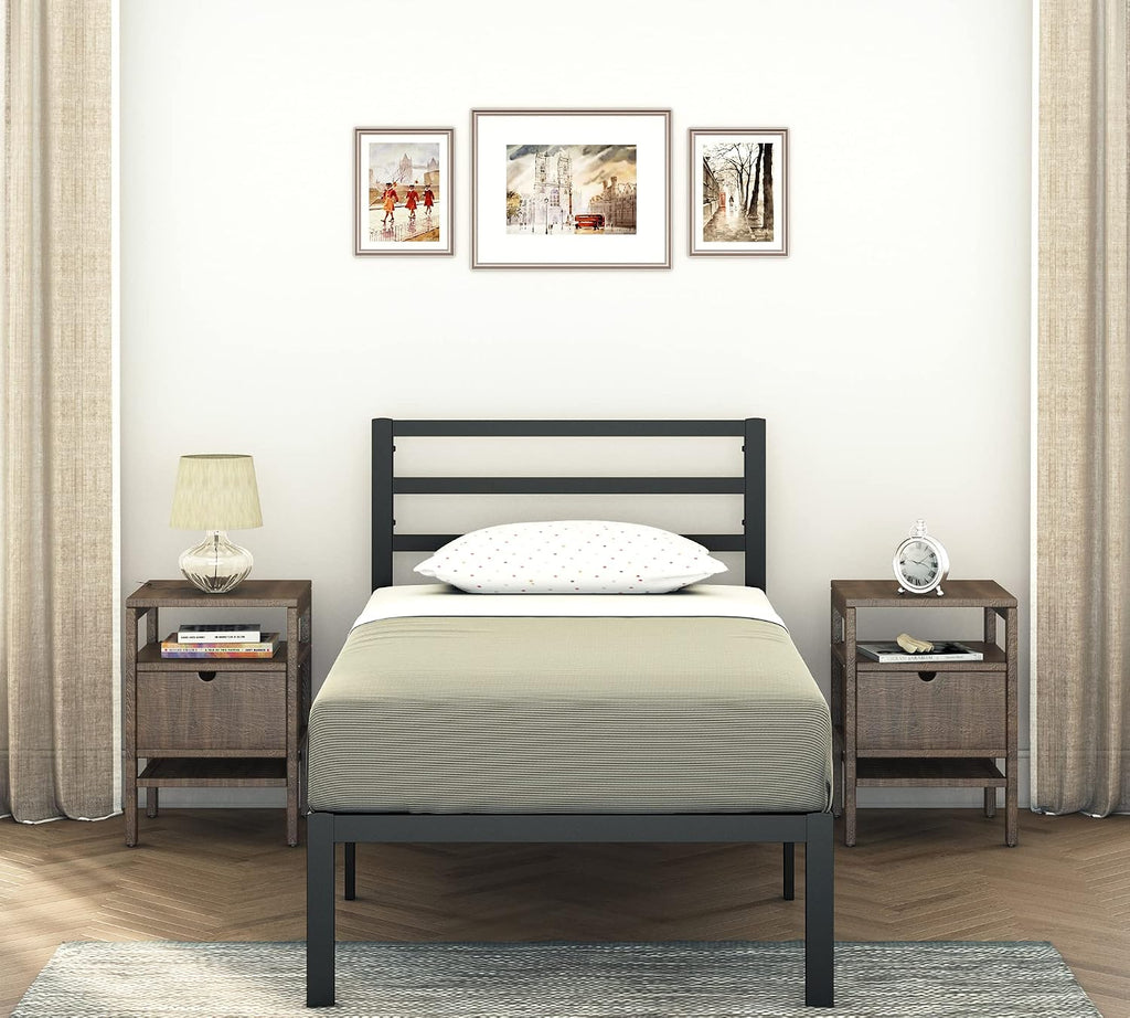 Golden Gate Beds Metal Platform Bed Frame with Headboard, Heavy Duty Steel Slats, No Box Spring Required, Noise-Free, Easy Assembly, Minimalist Design with Under-Bed Storage - Twin size, Black Finish
