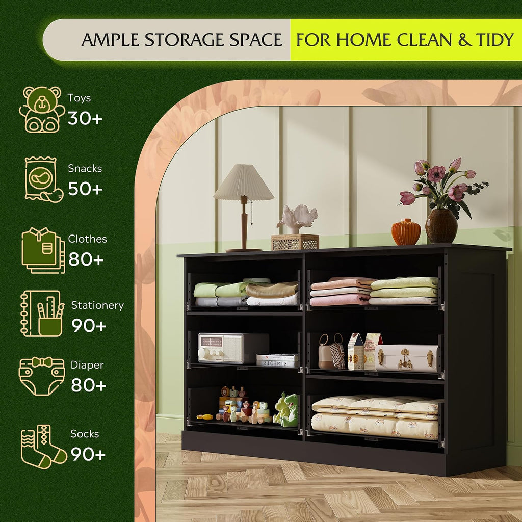 WLIVE Wood Dresser for Bedroom, Black 53'' Wide Chest of Drawers with 6 Drawer, Oak Furniture Large Storage Tower Unit, Closet Store Organizer for Living Room, Hallway, TV Stand, Modern Minimalist