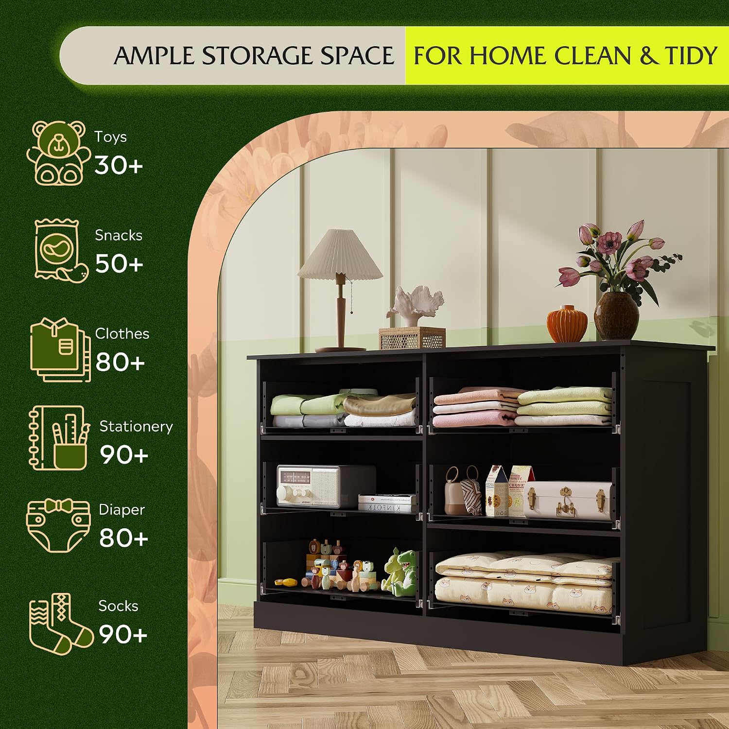 WLIVE Wood Dresser for Bedroom, Black 53'' Wide Chest of Drawers with 6 Drawer, Oak Furniture Large Storage Tower Unit, Closet Store Organizer for Living Room, Hallway, TV Stand, Modern Minimalist