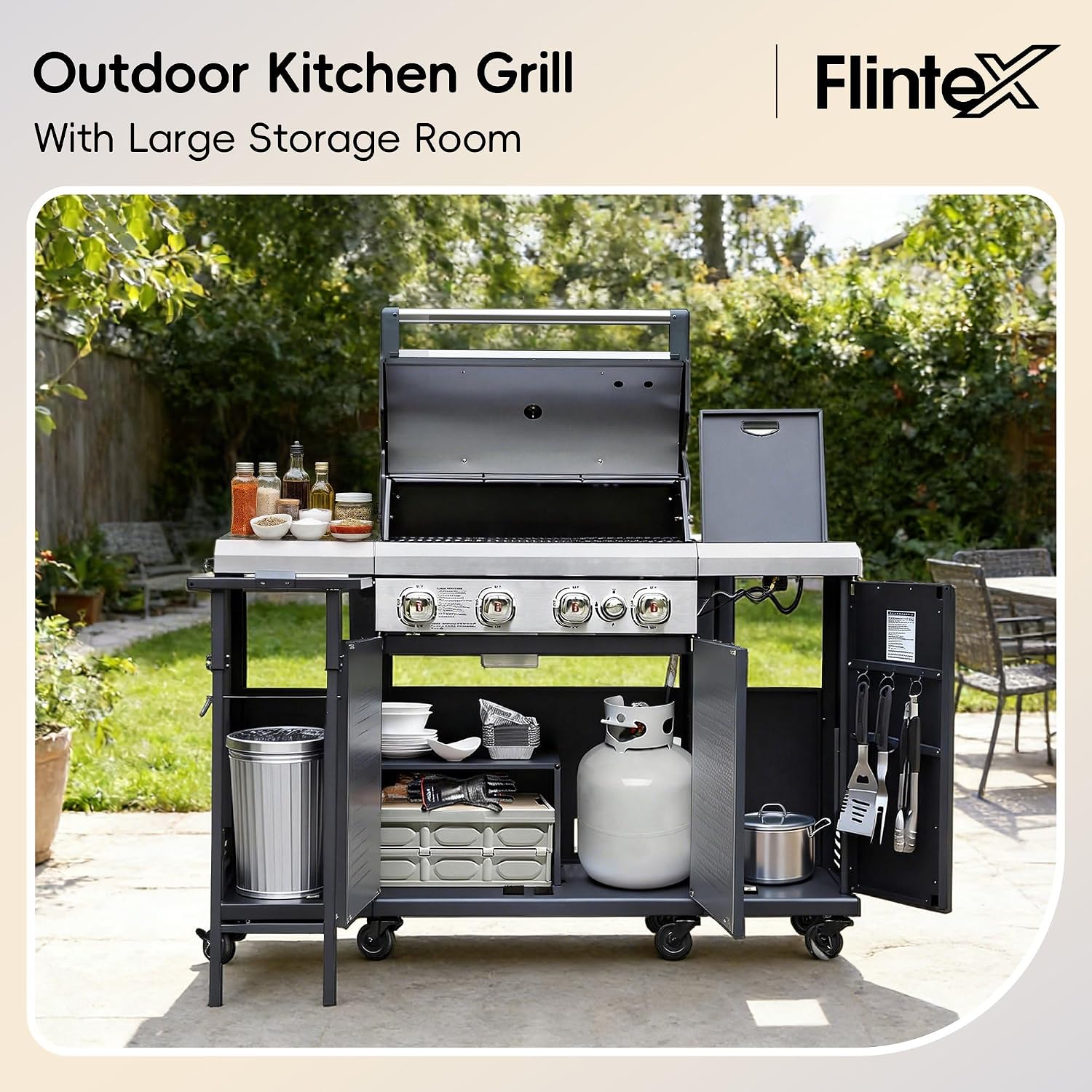 Flintex 4-Burner Propane Gas Kitchen Grill Island with Side Burner,44,000 BTU Stainless Steel BBQ Outdoor Griddle Grill Combo with LPG/NG Convertible and Storage Cabinets & Fold-out Table, Black