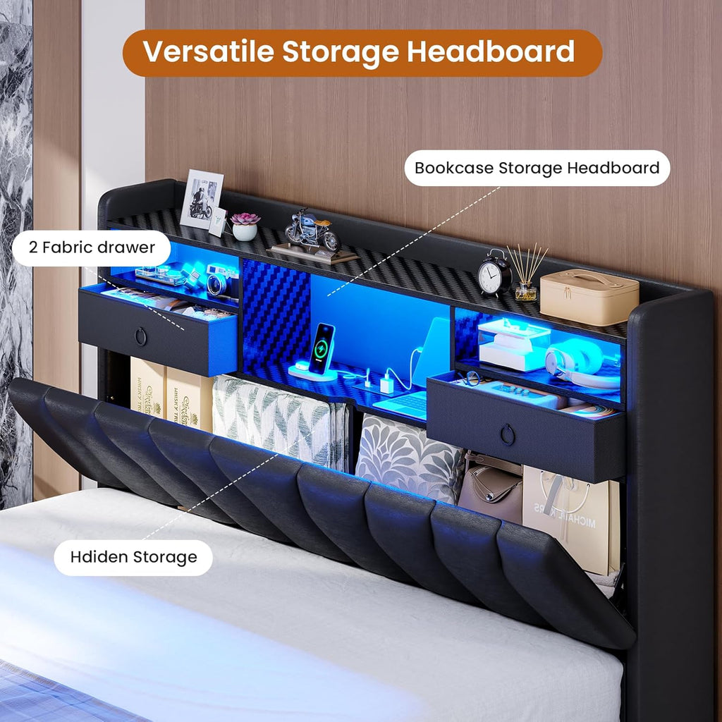DICTAC Full Bed Frames with Storage Headboard and 2 Large Drawers, Gaming Bed with RGB Lights and Charging Station, Leather Upholstered Platform Bed, Esports-Style Bed, No Box Spring Needed, Black