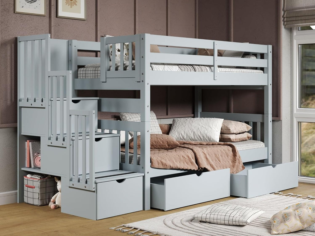 Bedz King Stairway Bunk Beds Twin Over Twin, 3 Step Drawers, 2 Storage Drawers, Breezy Blue