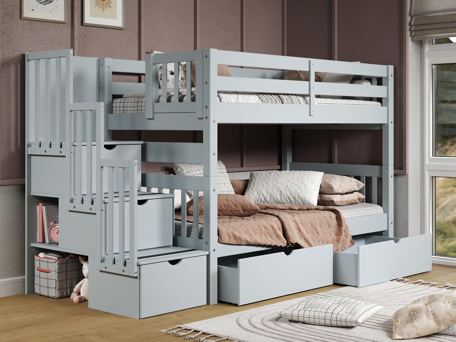 Bedz King Stairway Bunk Beds Twin Over Twin, 3 Step Drawers, 2 Storage Drawers, Breezy Blue