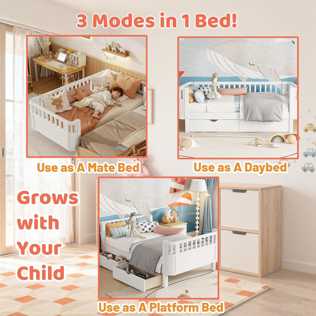 Twin Kids Bed with Storage Drawers & Rails, Wood Low Montessori Beds with Detachable Side Rails & Slats, Modern Daybed for Boys Girls Bedroom, Kids Twin Platform Bed, White