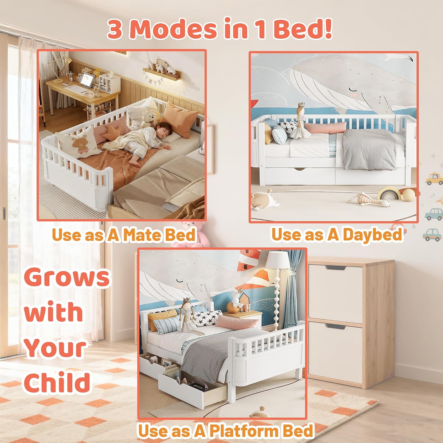 Twin Kids Bed with Storage Drawers & Rails, Wood Low Montessori Beds with Detachable Side Rails & Slats, Modern Daybed for Boys Girls Bedroom, Kids Twin Platform Bed, White