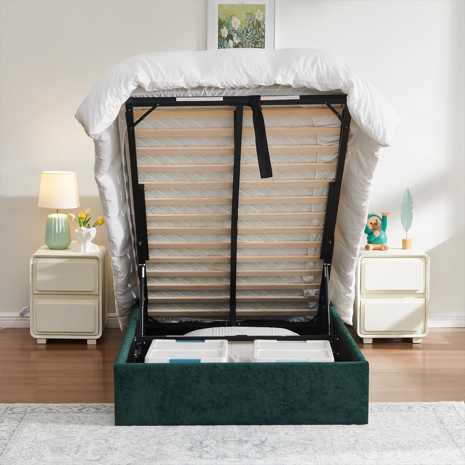 YUHUASHI Queen Size Hydraulic Storage Bed, Upholstered Platform Bed Frame, Modern Wingback Design Headboard, Velvet Fabric with Hydraulic Support Bars, No Box Spring Required (Ink Green, Twin)