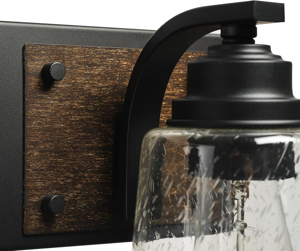 Globe Electric 51852 3-Light Vanity Light, Bathroom Wall Fixture, Matte Black and Dark Faux Wood Finish, Clear Seeded Glass Shades, E26 Base, Dimmable