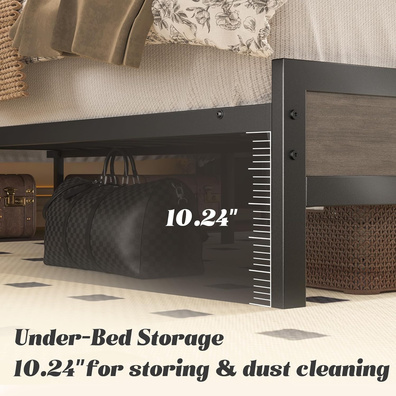Fluest Full Bed Frame with Headboard & Footboard, Full Bed Frame with Built-in Charging Station & LED Light, Storage Shelf, Noise-Free, No Box Spring Needed, Easy Assembly, Rustic Grey