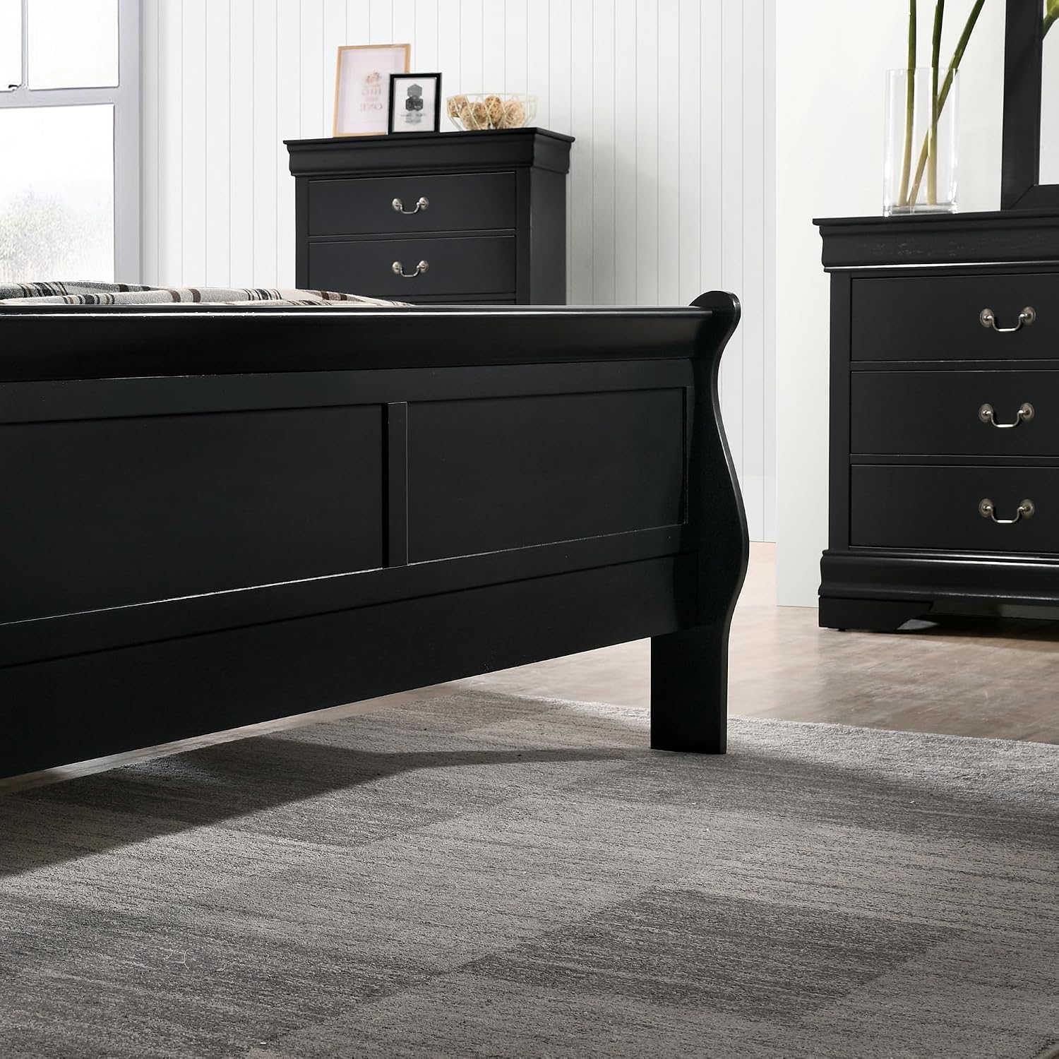 Furniture of America Hypatia Transitional Wood 3-Piece Set, Sleigh Panel Bed and 2-Drawer Nightstand for Bedroom, Twin, Black