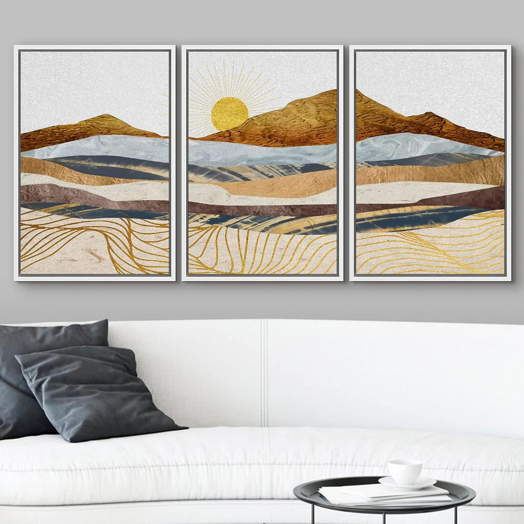 wall26 Framed Canvas Print Wall Art Set Gold Wave Geometric Mountain Range Nature Wilderness Illustrations Modern Art Decorative Landscape Zen for Living Room, Bedroom, Office - 16'x24'x3 White