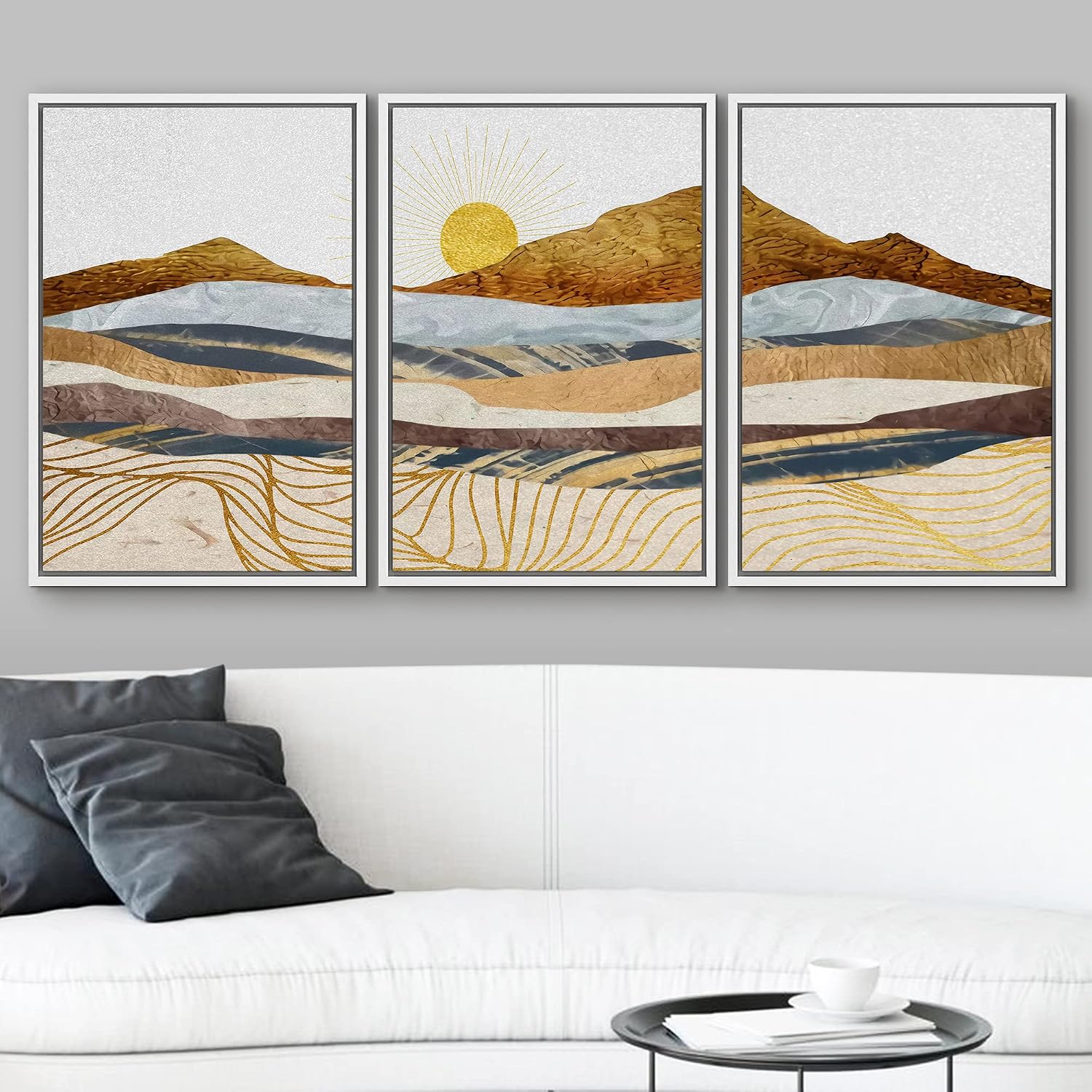 wall26 Framed Canvas Print Wall Art Set Gold Wave Geometric Mountain Range Nature Wilderness Illustrations Modern Art Decorative Landscape Zen for Living Room, Bedroom, Office - 16'x24'x3 White