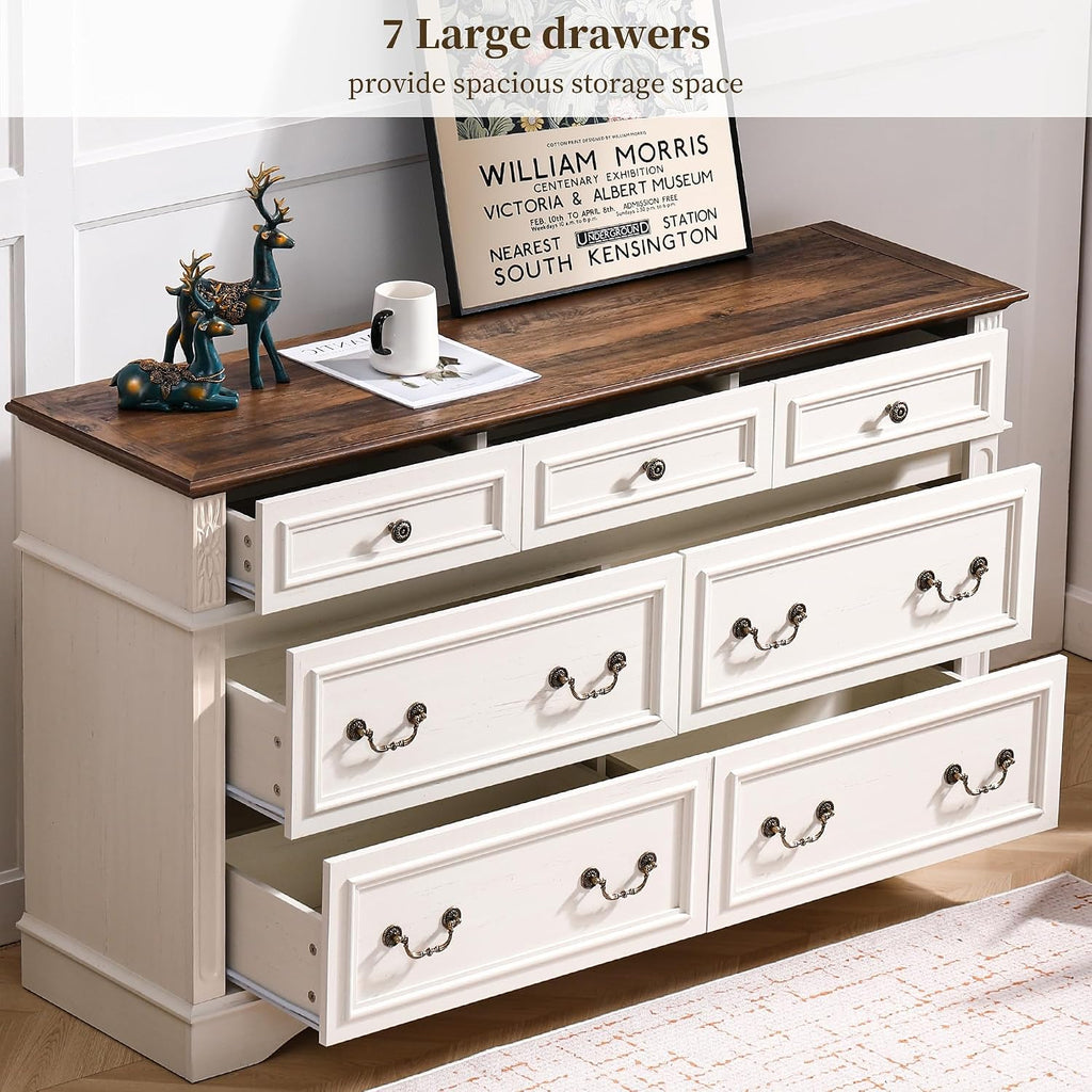ENOUSHUFarmhouse Dresser and Nightstand Sets, 6-Drawer with 7 Drawer Dresser Sets, 2 Pieces Rustic Wood Bedroom Furniture Set for Home, Bedroom, Hallway(White)