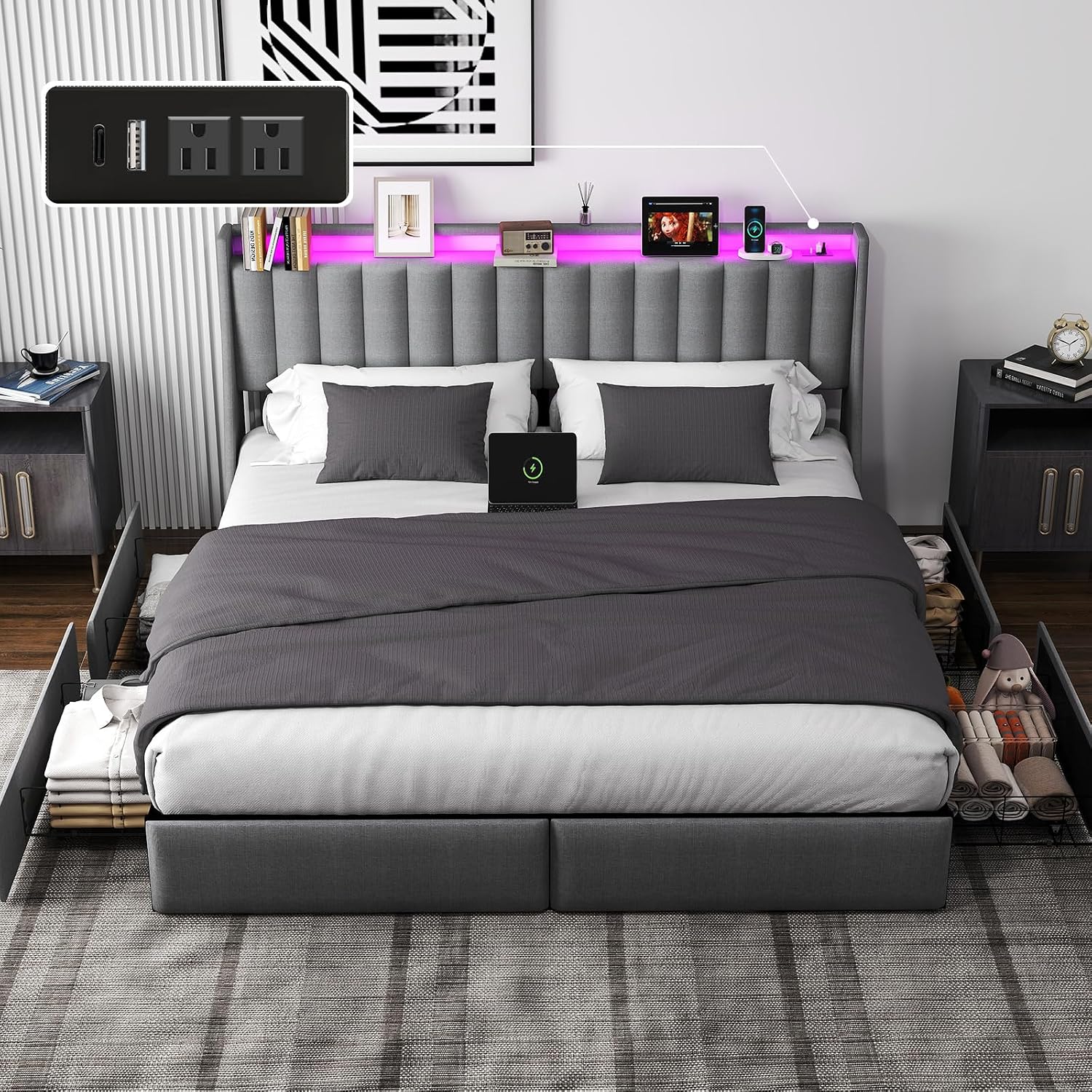 UINTAI King Size Bed Frame with LED Lights and Charging Station, Upholstered Platform Bed with Storage Headboard and 4 Drawers, Metal Slat Support, Noise-Free, No Box Spring Needed, Easy Assembly