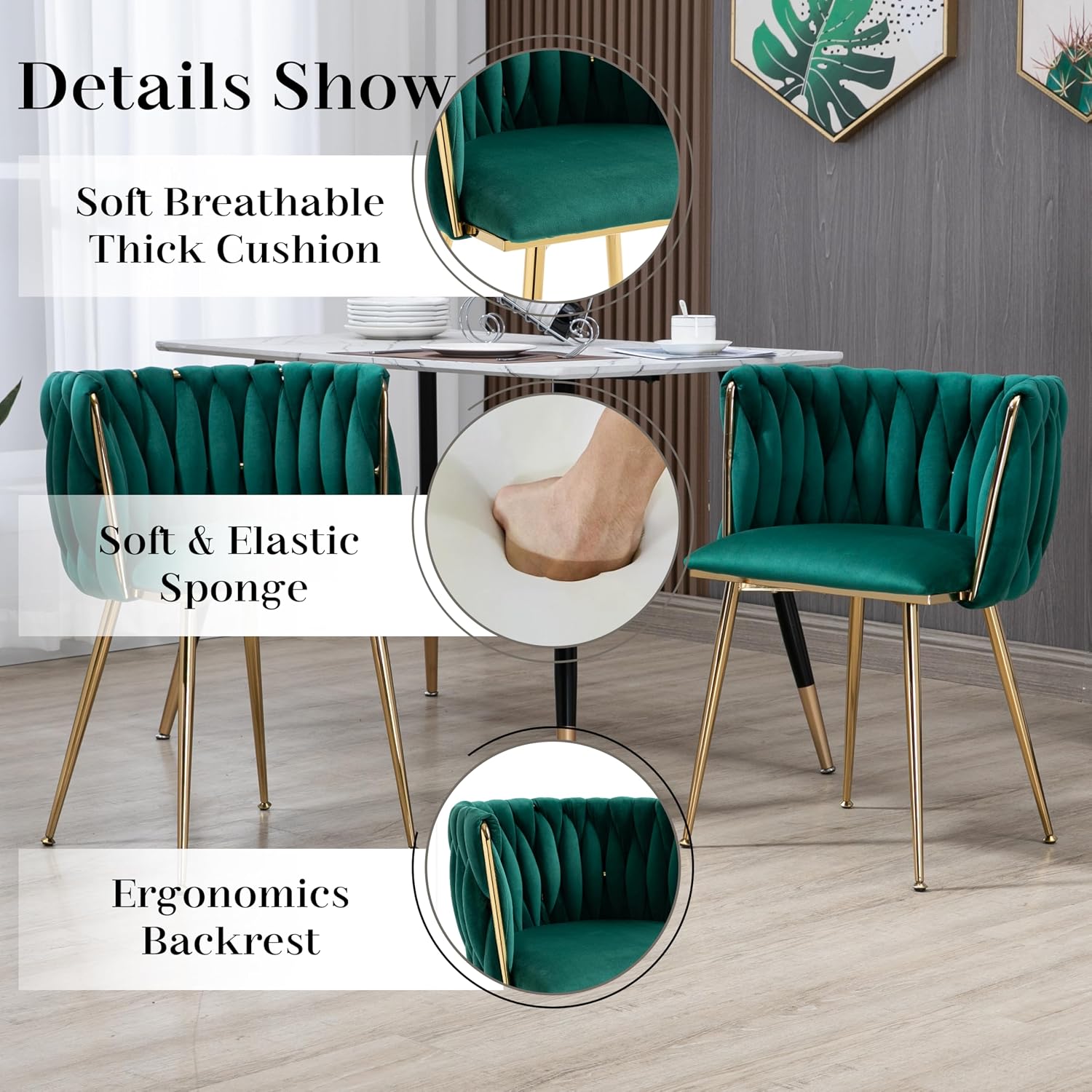 Gold Luxury Round Dining Table Set for 2, 3 Pcs Modern Minimalist Circle Dinner Room Set, 36'' Clear Circular Glass Top Kitchen Table with Green Woven Chairs Set, for Home Small Apartment