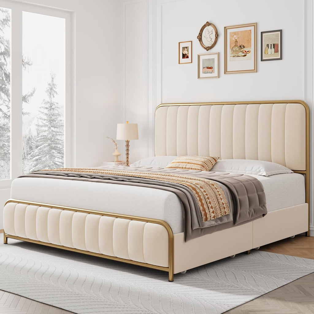 HITHOS Upholstered Full Size Bed Frame with 4 Storage Drawers and Headboard, Heavy Duty Metal Mattress Foundation with Wooden Slats, Easy Assembly, No Box Spring Needed (Golden/Off White, Full)