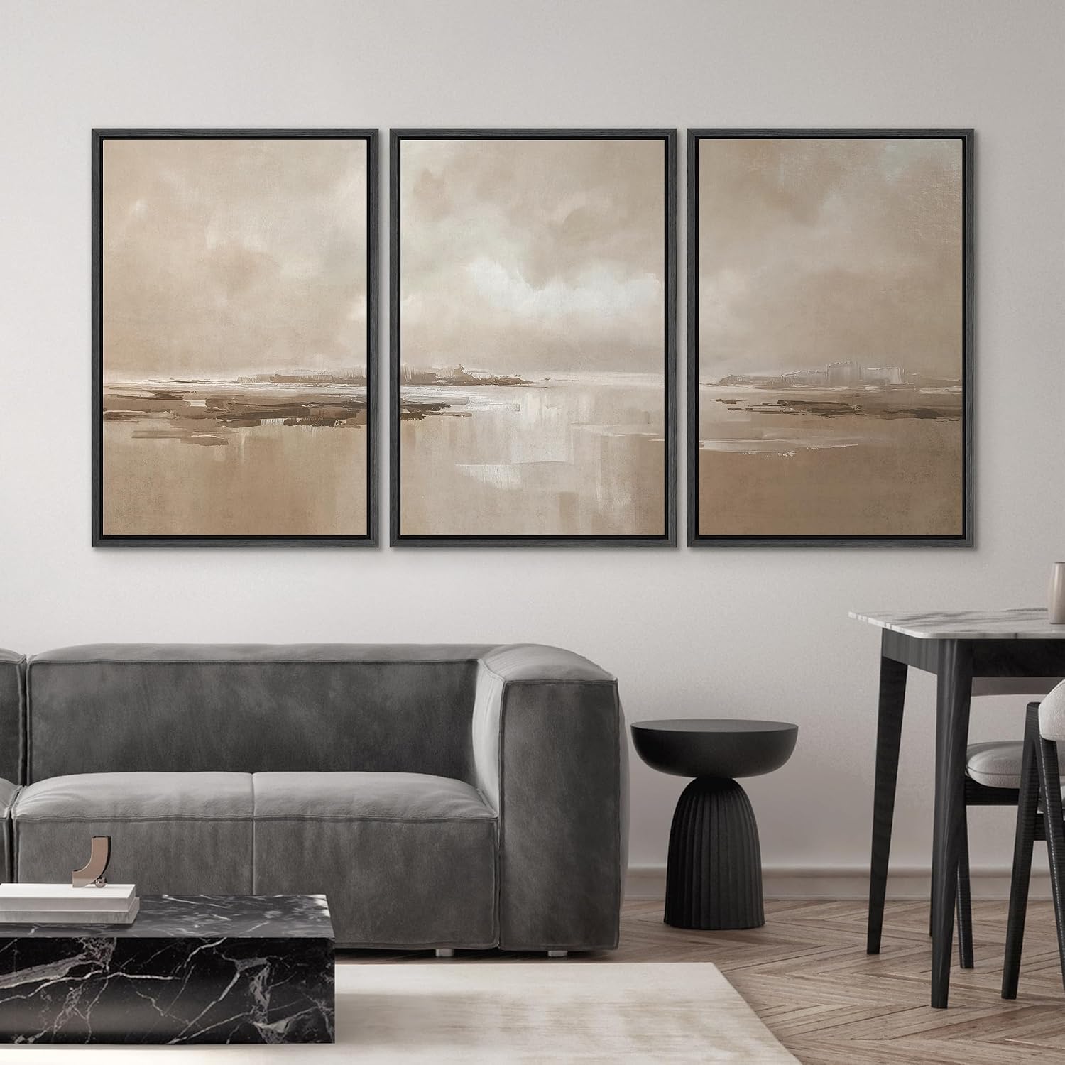SIGNWIN Framed Canvas Print Wall Art Set Soft Coastal Landscape Neutral Beige Seascape Illustrations Modern Art Decorative Scenic Rustic for Living Room, Bedroom, Office - 24'x36'x3 Black