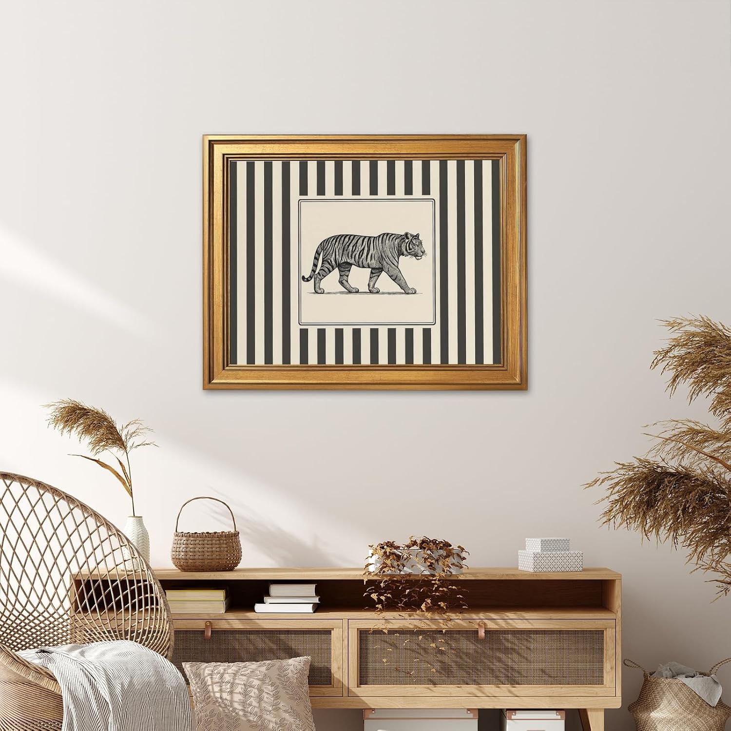 Gold Framed Vintage Tiger Wall Art Black and White Striped Wild Animal Poster Retro Jungle Big Cat Wildlife Canvas Print Botanical Safari Minimalist Exotic Artwork for Home Office Decor 24x36inch