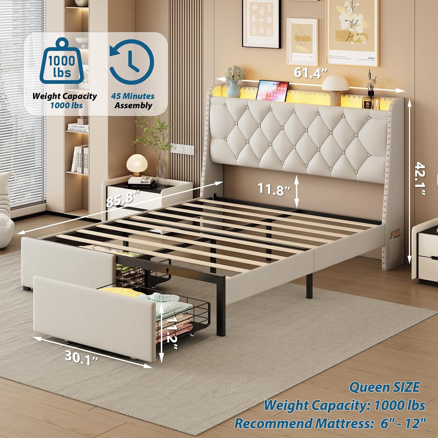 Queen Bed Frame with Storage Drawers, LED Bed Frame with Charging Station, Velvet Button Tufted Upholstered Headboard, Wood Slats Support Noise-Free, No Box Spring Needed, Beige