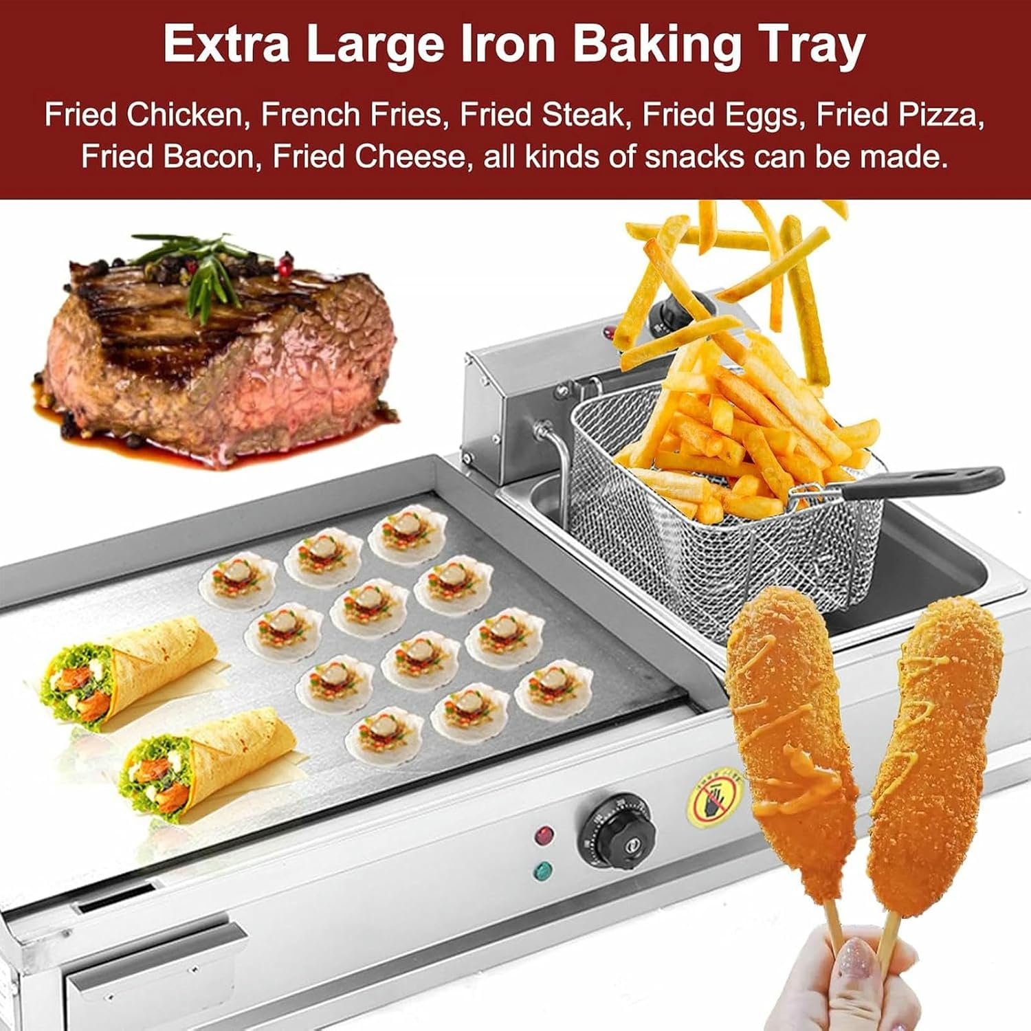 Commercial Electric Griddle with Fryer, Countertop Flat Top Grill Frying Pan with Seasoning Rack, Breakfast Griddle Deep Fryer