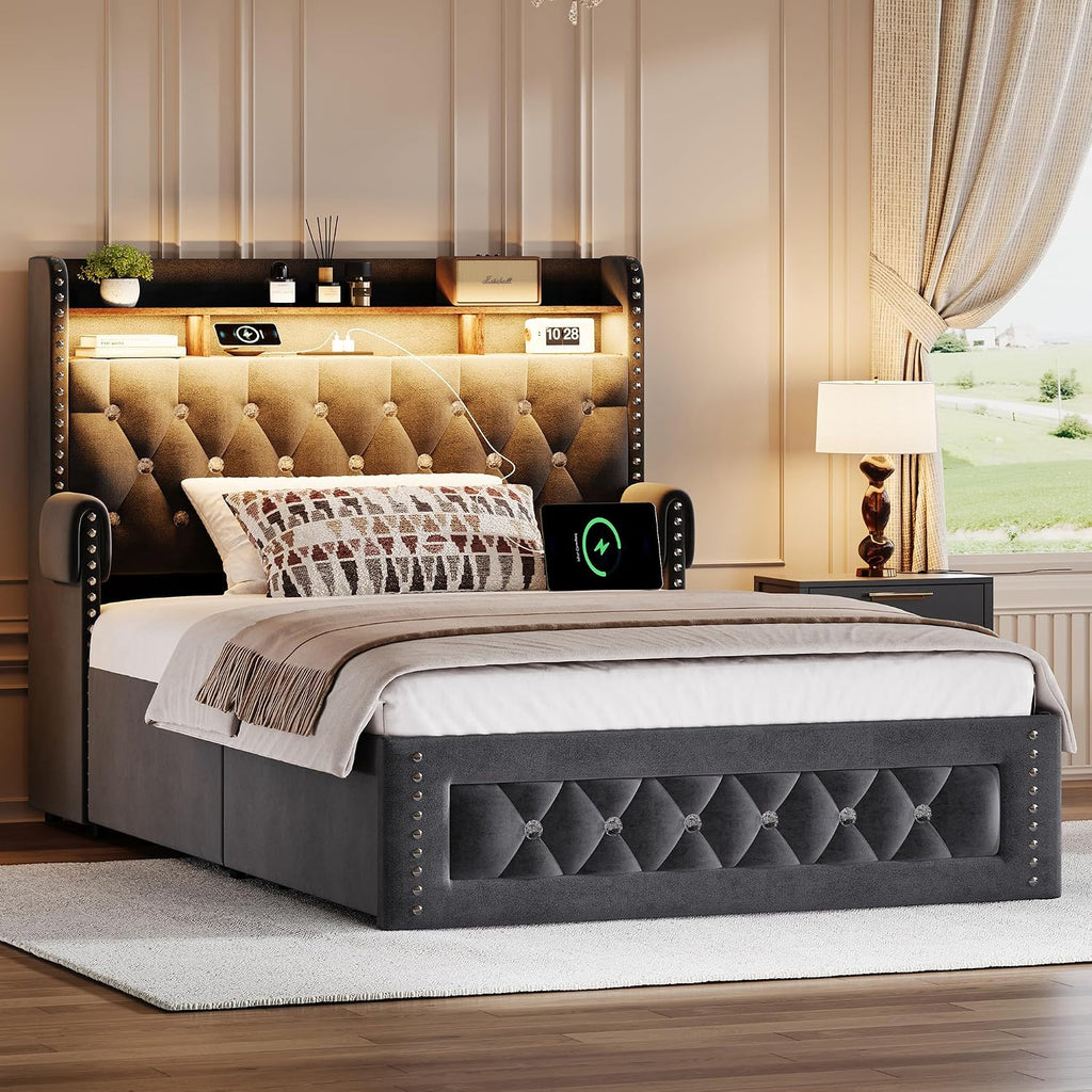 Ailisite Twin Size Bed Frame with 4 Storage Drawers and RGB Led Lights,Velvet Upholstered Platform Bed with Charging Station and Bookcase Storage Headboard, with Crystal and Rivet Deco, Grey