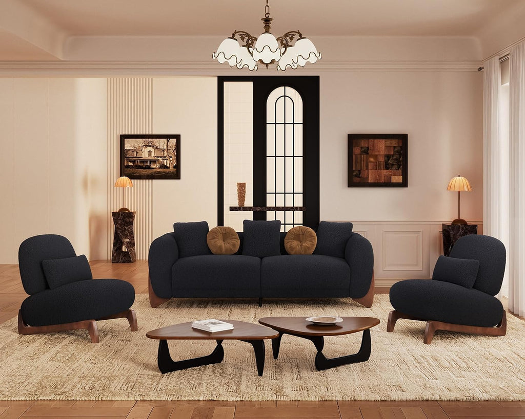 Morden Fort Sherpa Boucle Chair Single, Tilted Modern Wood Chair with Thick Cushion Comfortable Lumbar Pillow Armless Reading Accent Chair Compatible with Sofa Set Couch for Living Room, Black