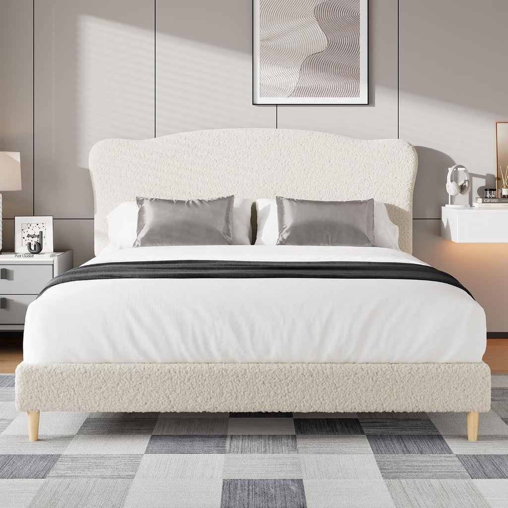 GarveeHome Queen Size Bed Frame with Upholstered Headboard, Soft Low Profile Sturdy Platform Bed with Rounded Corners Design, Heavy Duty, Wooden Slats, Noise Free, No Box Spring Needed, Beige