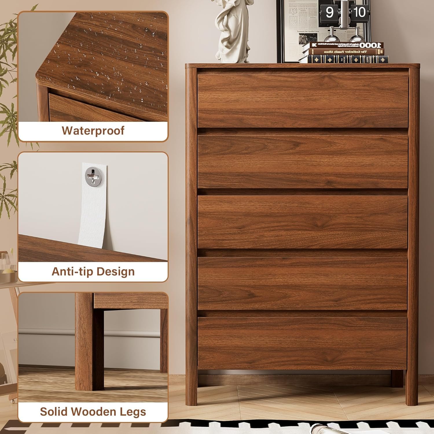 Furniway Walnut Mid-Century Modern 3 Piece Bedroom Furniture Set, 5 Drawer Dresser with Handleless Wood Grain Design and Nightstands Set of 2, Minimalist Storage Dresser for Bedroom